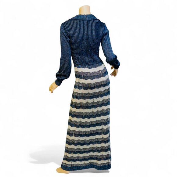 Vintage 70s Wenjilli Metallic Knit Maxi Dress * Navy & Silver Chevron Lurex - Picture 9 of 15